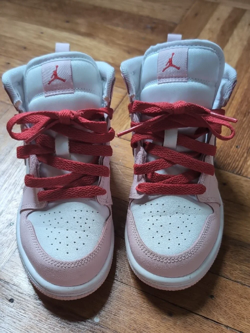 Nike Air Jordan 1 Mid White, Light Pink & Red Accent Sneakers
